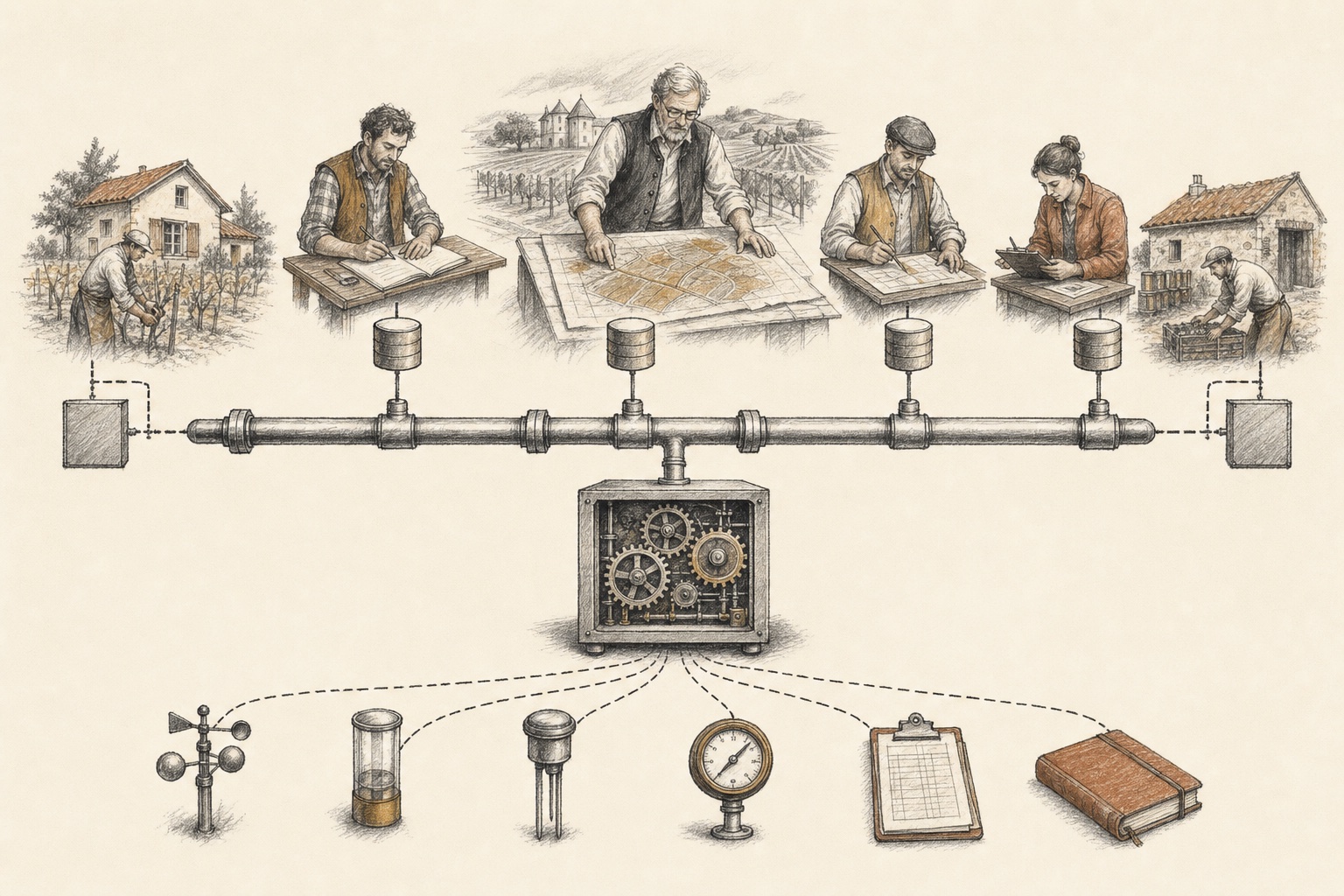 A hand-drawn topology with civilian vineyard planners and estate managers above a central NATS pipe, worker processes at its sides, and daemon watchers below it.