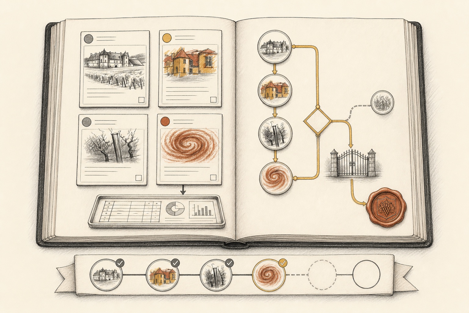 An open sketched process ledger with bounded task cards and structured output on the left, deterministic branching and a breakpoint gate on the right, and a resumable journal ribbon below.