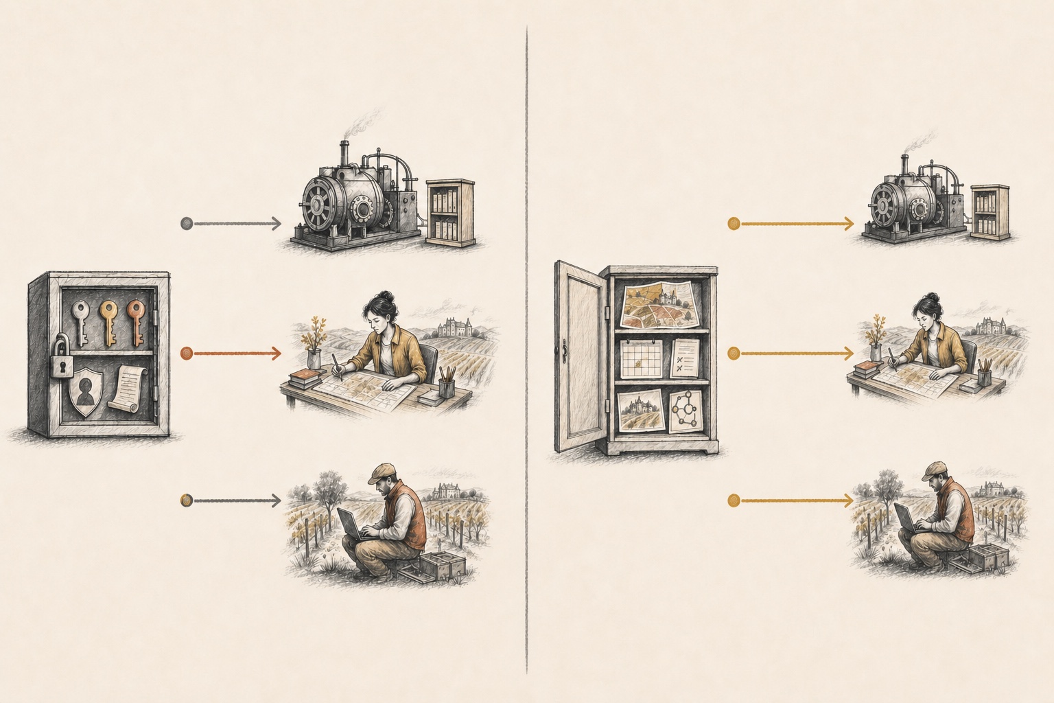 A two-panel configuration diagram. The machine-scope panel has three direct, non-crossing lanes from credentials to the daemon, conductor, and vendangeur. The vignoble-scope panel repeats those three direct lanes from vignoble files to every role.