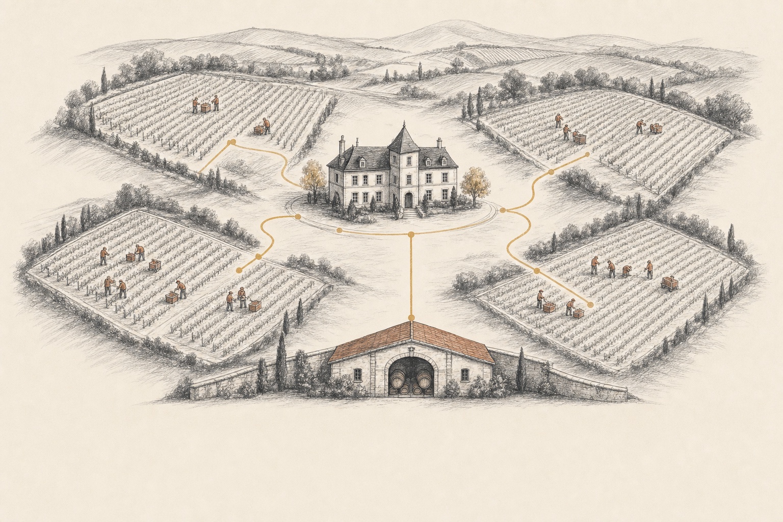 A sketched vineyard estate with several independent worker parcels connected to a central control house and a persistent cellar archive.