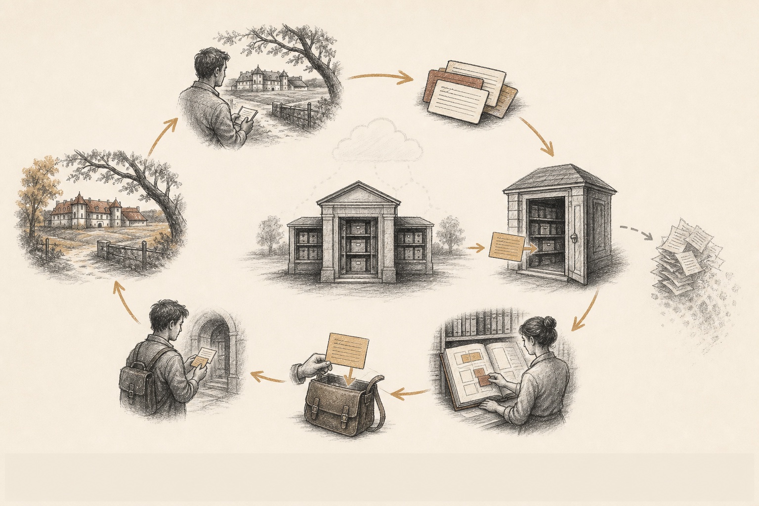 A sketched clockwise knowledge cycle in which agents distill observations into a local archive, curate selected knowledge, inject a compact index at spawn, fetch exact details when needed, and improve later work while raw transcripts fade away.