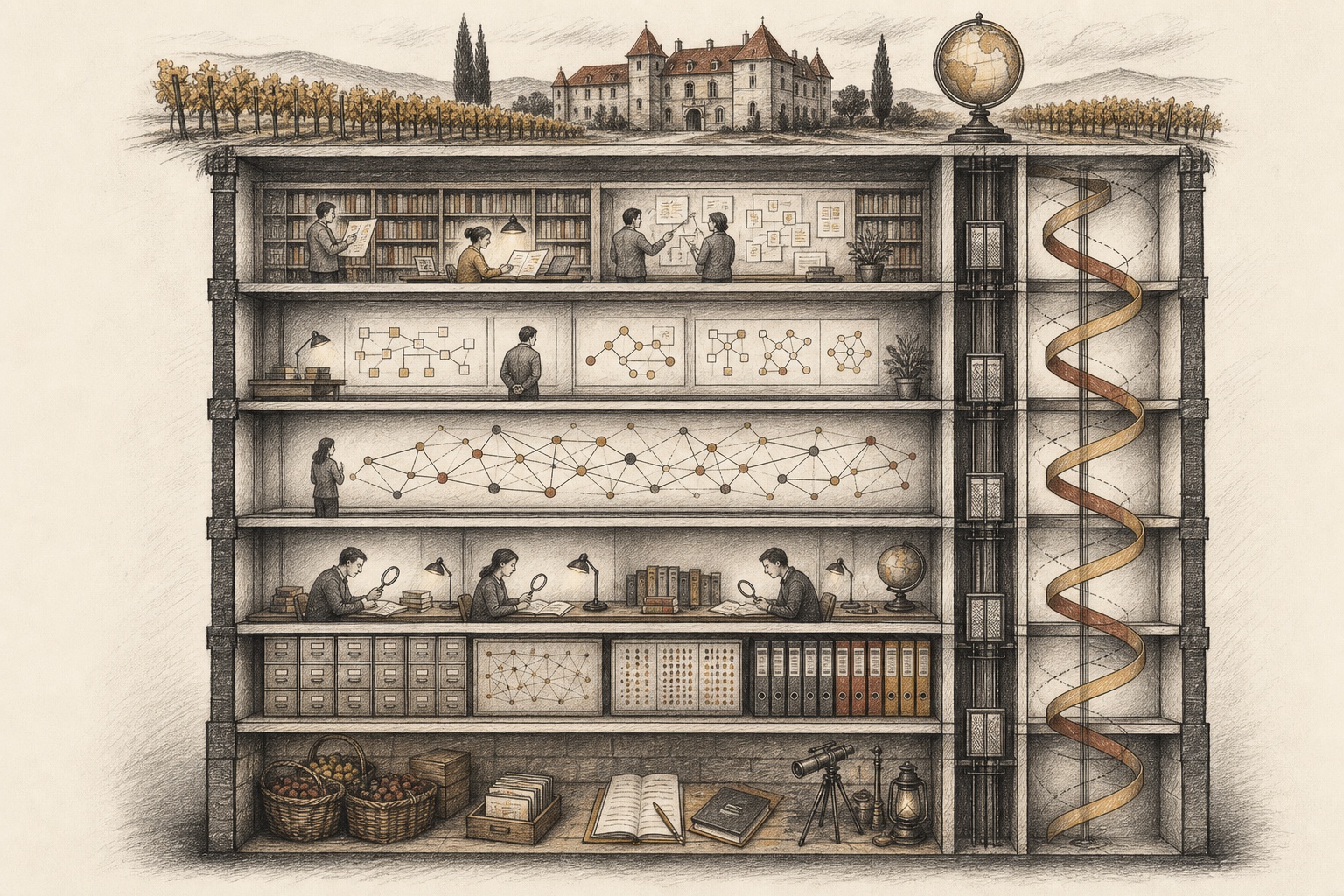 A cellar cutaway with one rooftop scope landscape and exactly six interior floors: curation, ontology, knowledge graph, recall, one store-of-record floor, and capture.