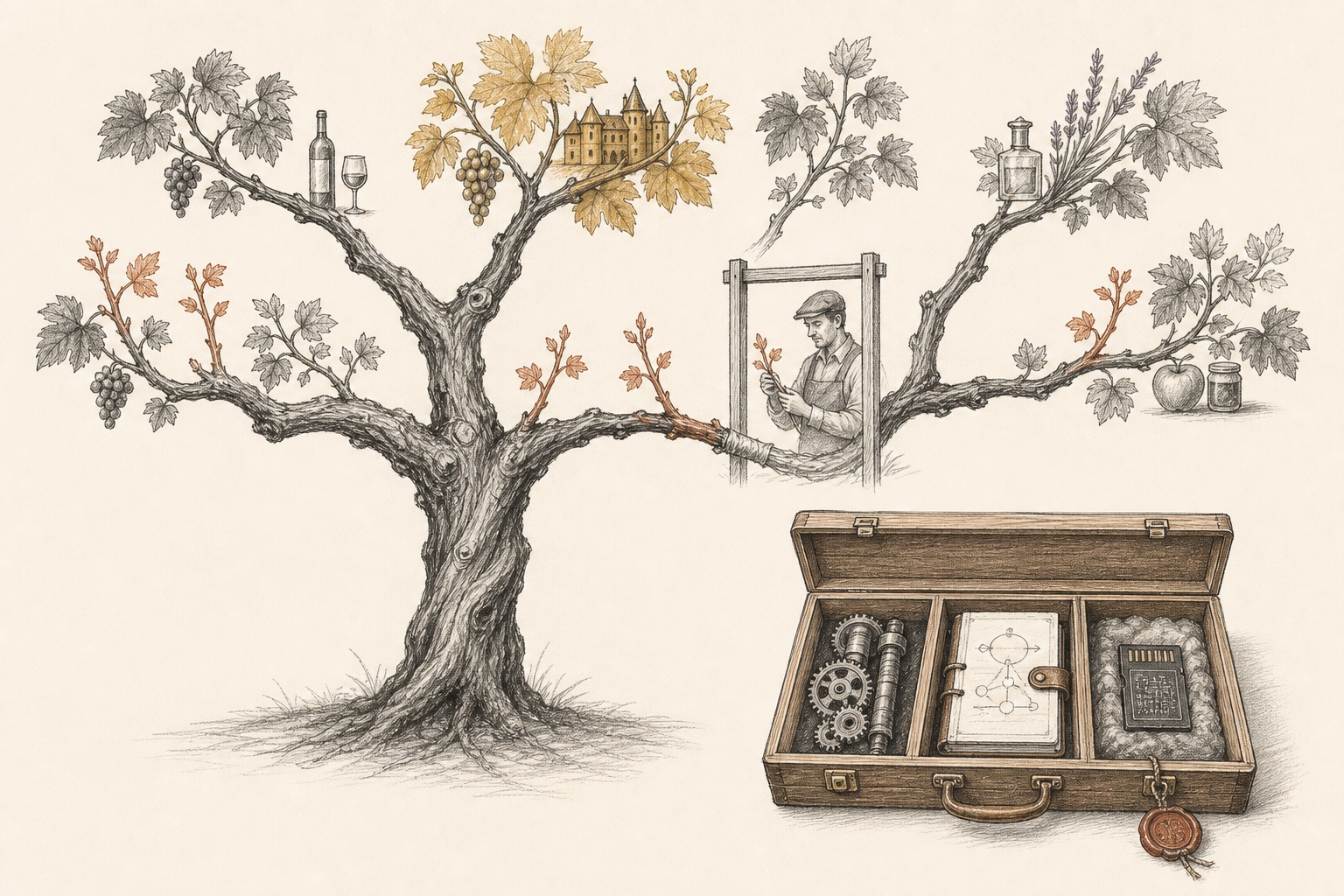 A sketched grapevine with a stable shared trunk, distinct domain branches, young learned shoots, one human-reviewed graft toward the core, and a three-compartment portable case holding runtime, process, and memory.