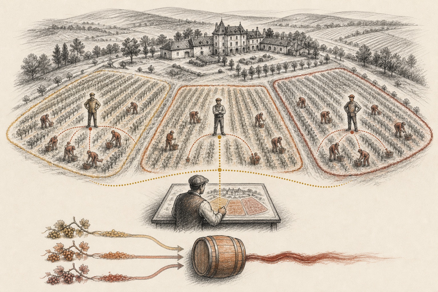 A vineyard divided into three plots, each with one foreman and several harvest workers, overseen by an estate manager; three harvest streams blend into one output below.