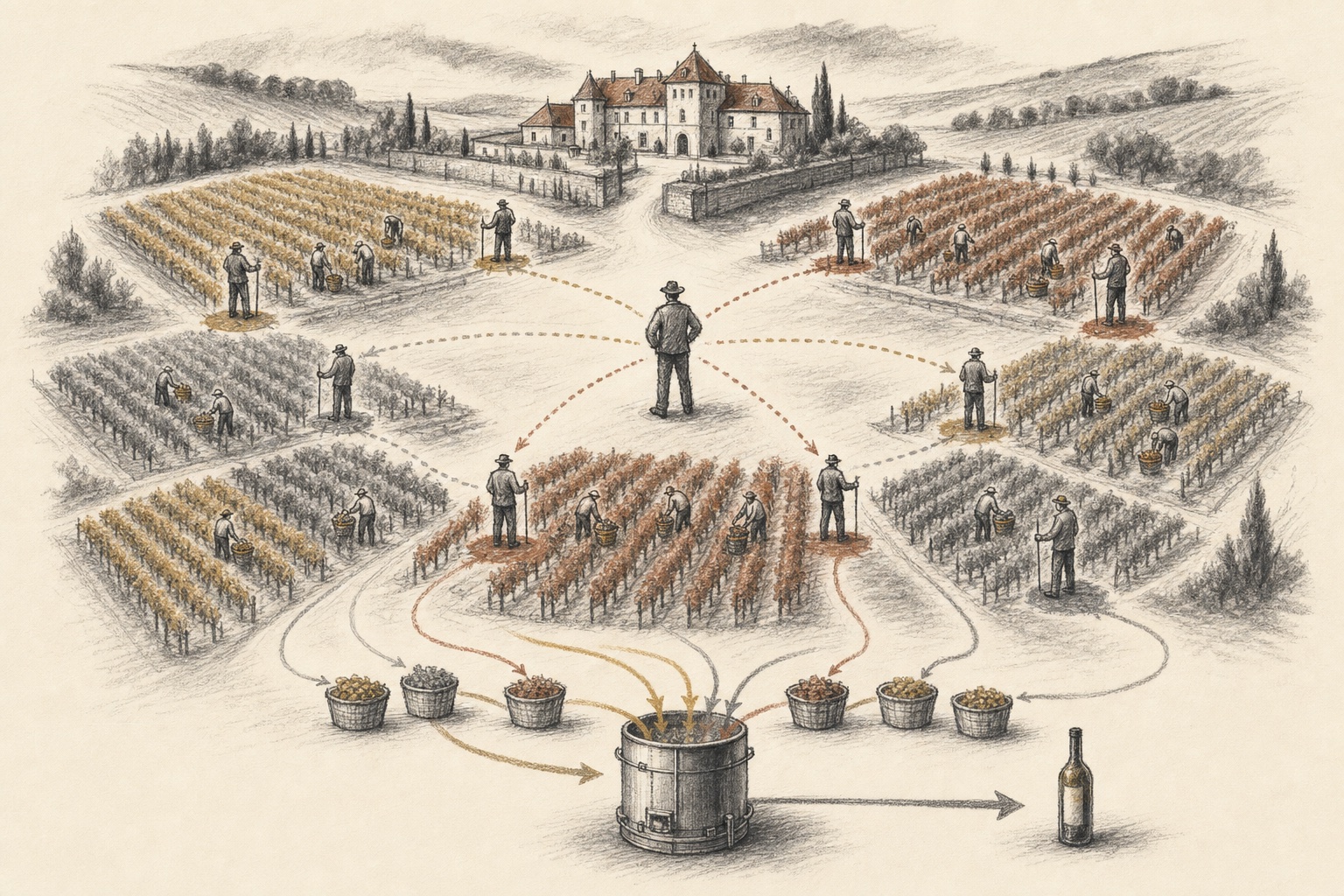 A sketched vineyard estate divided into work plots, with an estate manager, plot foremen, harvest workers, and harvest streams converging in a blending vessel.