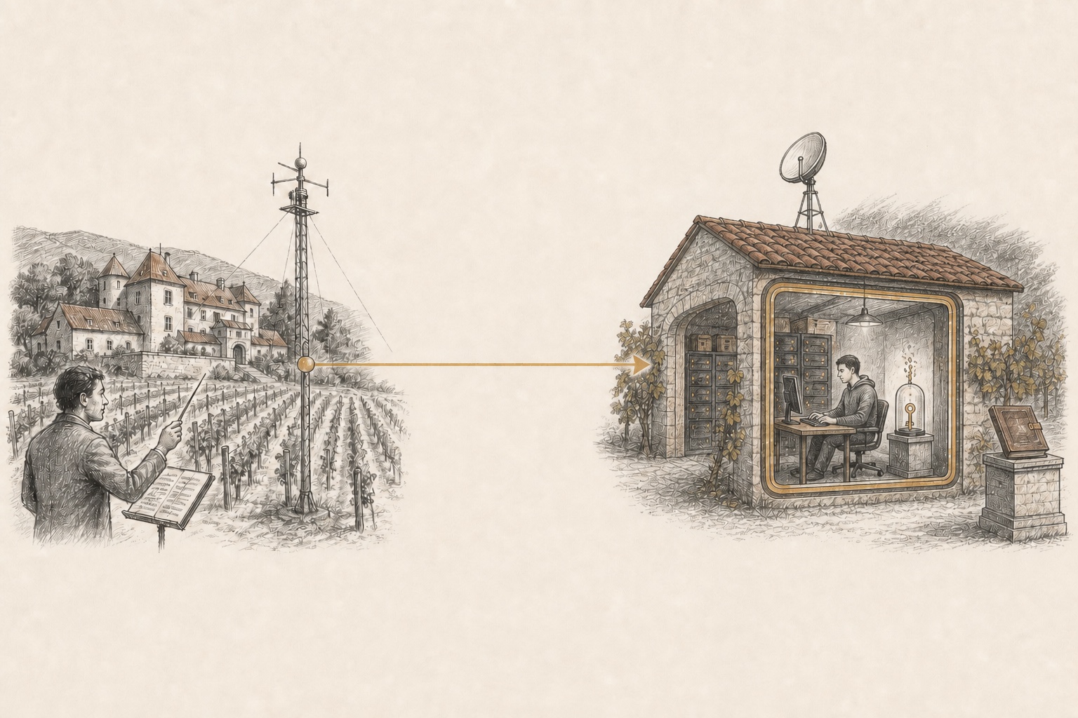 A sketched Pinard estate connects over one outbound NATS route to a remote stone vineyard research cellar containing an isolated worker sandbox, secrets stored only in RAM, an external persistent journal, and a terminal responder antenna.