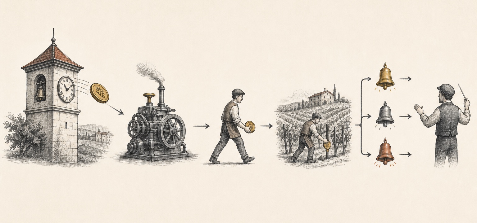 A single sketched scheduling sequence: a clock dispatches through the daemon to a vendangeur and vigne task, then outcomes notify the conductor.