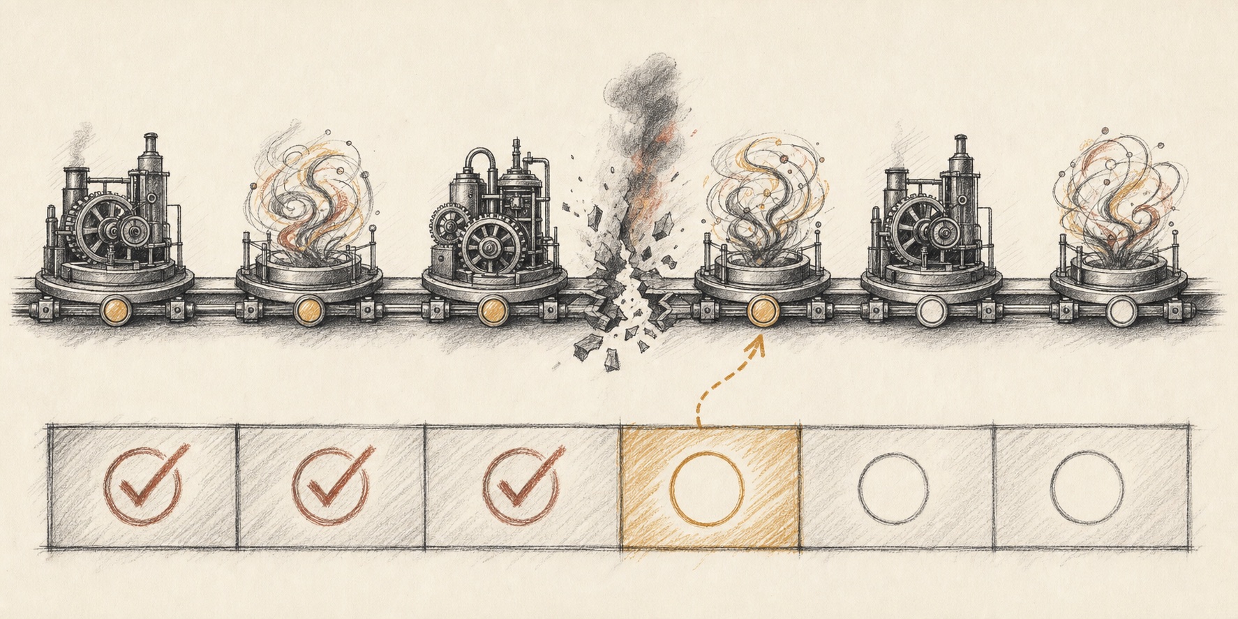 One six-stage execution track interrupted after stage three, with the first three journal cells completed and an arrow from the open fourth cell back to stage four.