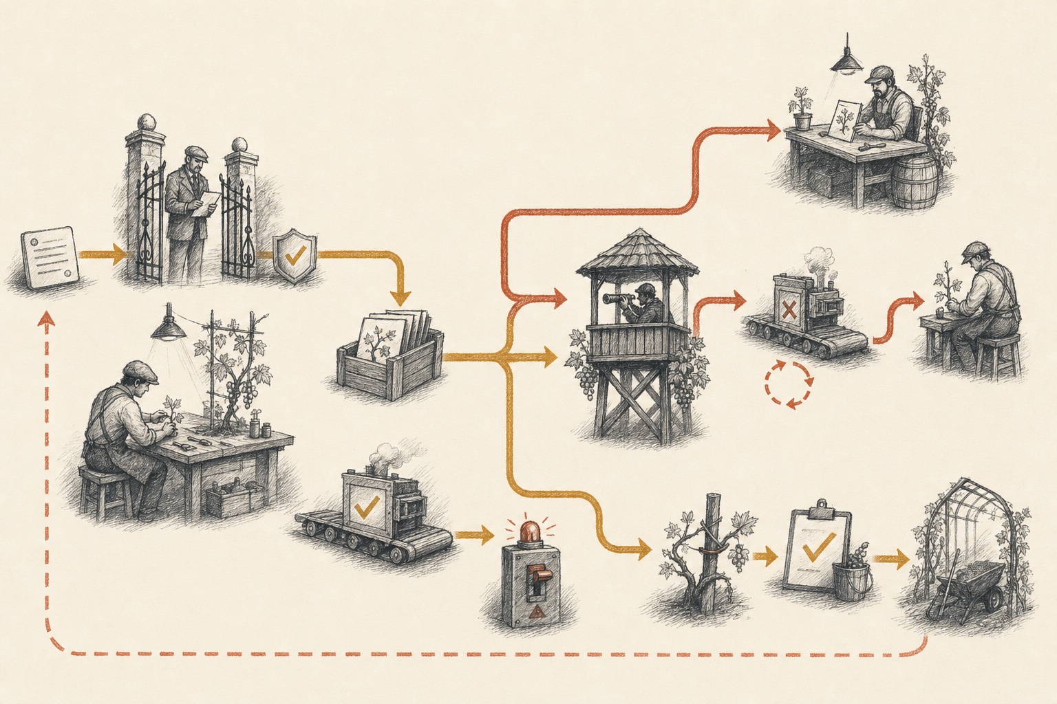 A sketched software-work lifecycle from an approved request through an isolated worker and merge-request watcher, with review and failure loops, to merge and worker cleanup.