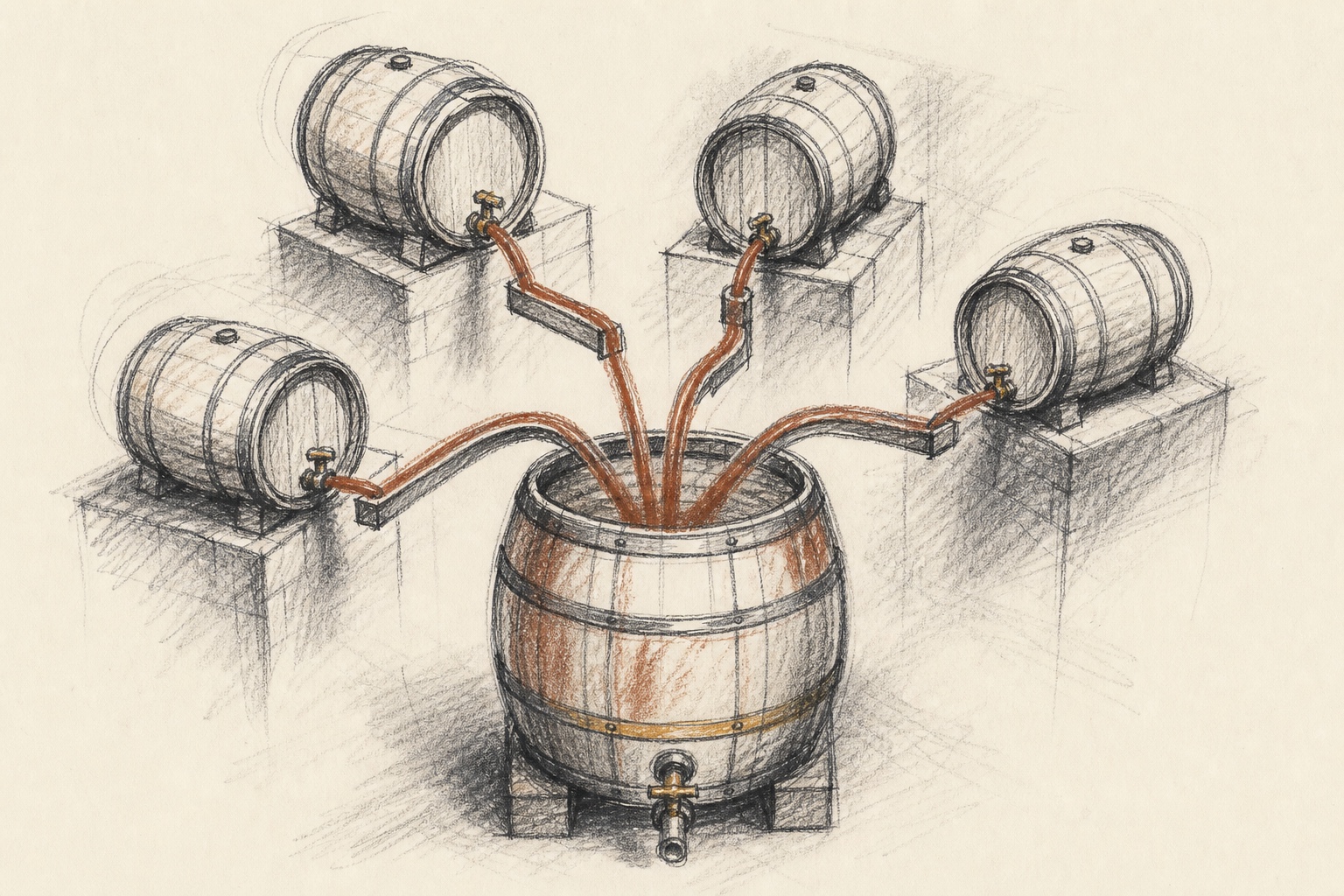Several source barrels feeding one central blending cask