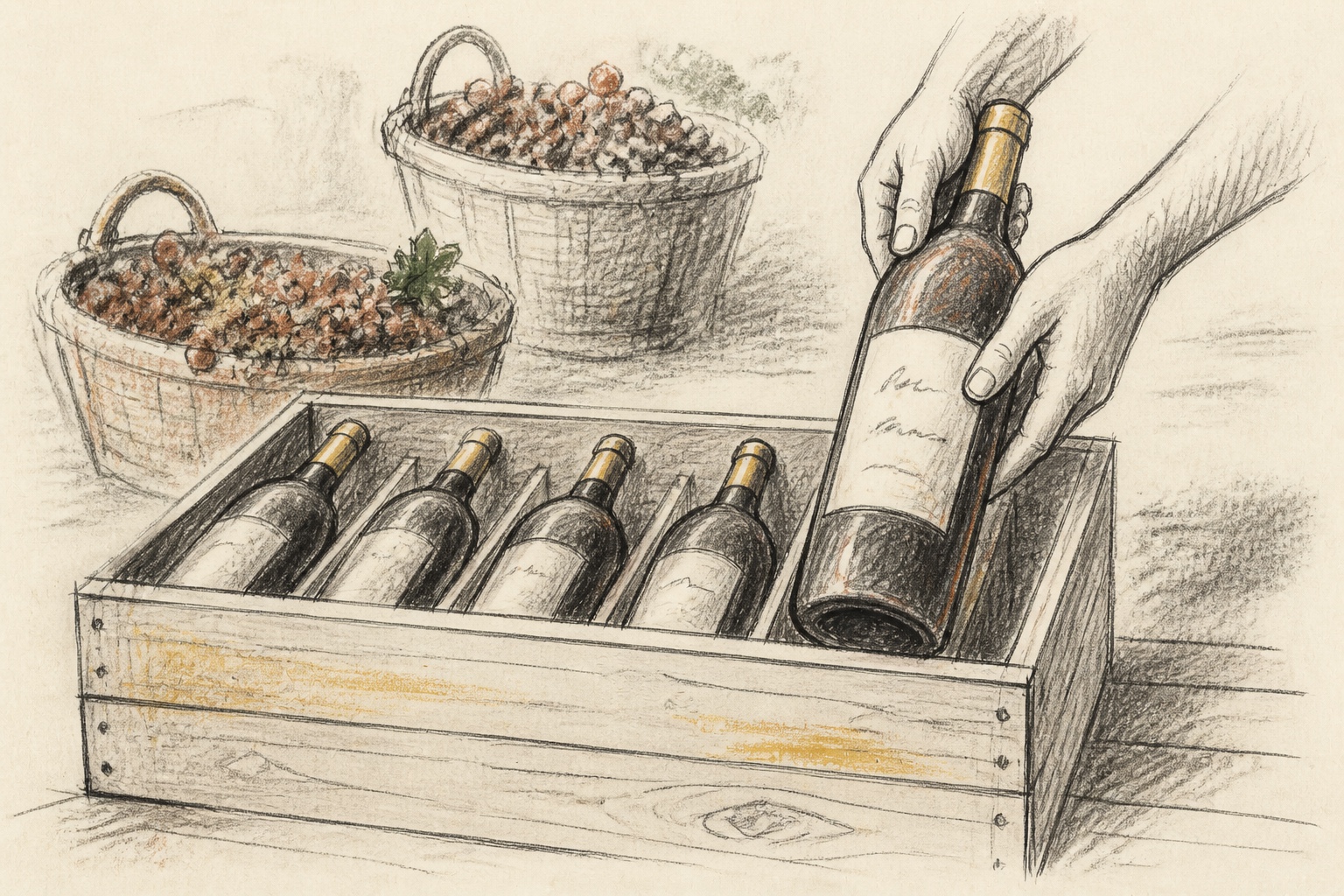 A final bottle being placed into a completed harvest crate