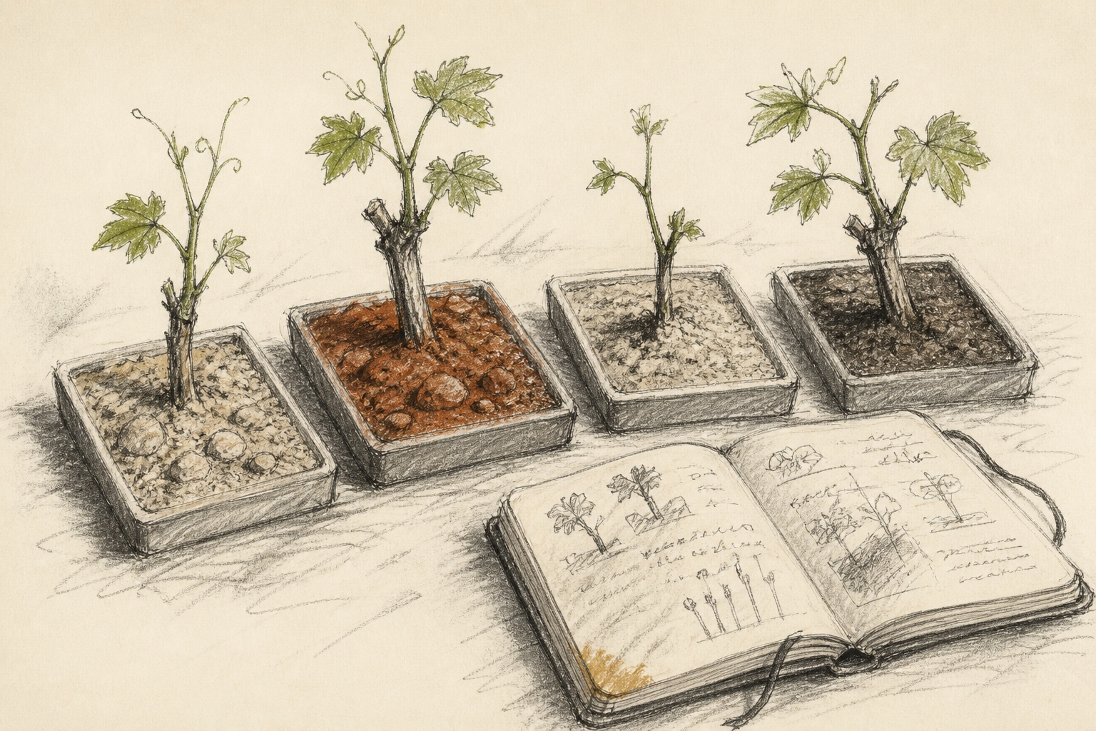 Vine cuttings growing in distinct soil samples beside a field notebook