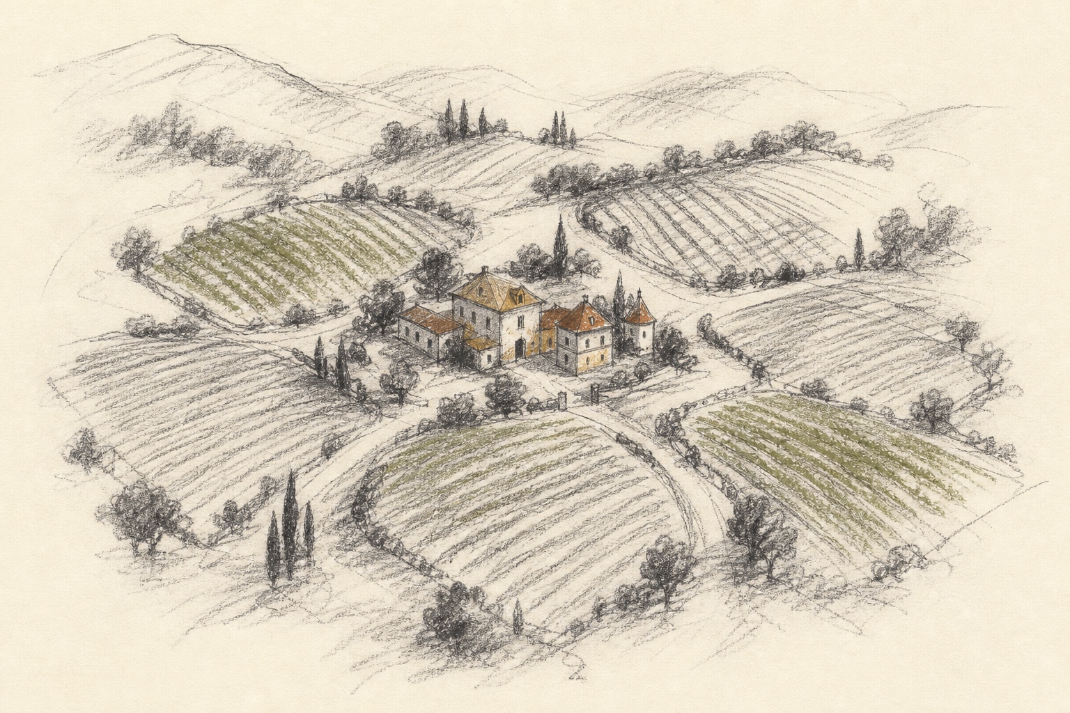 A wine estate divided into distinct vineyard parcels around one central manor